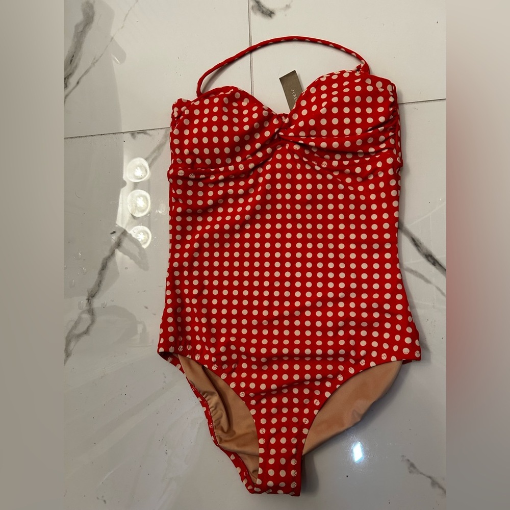 J Crew red one piece swimsuit with white polka dots size 6
